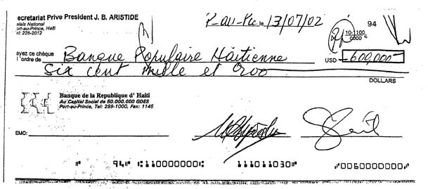 Check from account of Aristide